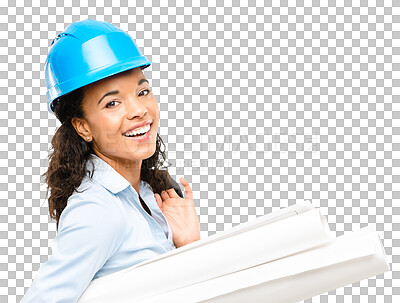 Buy stock photo Isolated architect woman, helmet and blueprint in portrait with paper, project or smile by transparent png background. Female architecture expert, construction or property development for engineering