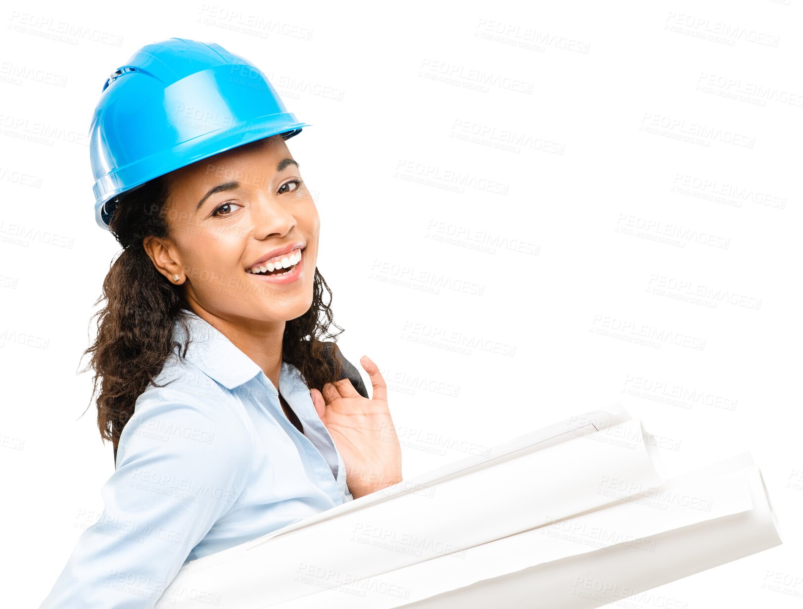 Buy stock photo Isolated architect woman, helmet and blueprint in portrait with paper, project or smile by transparent png background. Female architecture expert, construction or property development for engineering