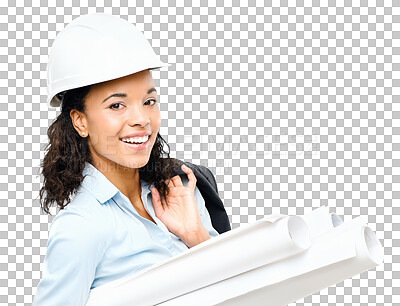 Buy stock photo Isolated woman, hard hat and architecture blueprint in portrait with design, planning and face by transparent png background. Happy female architect, real estate construction or property development