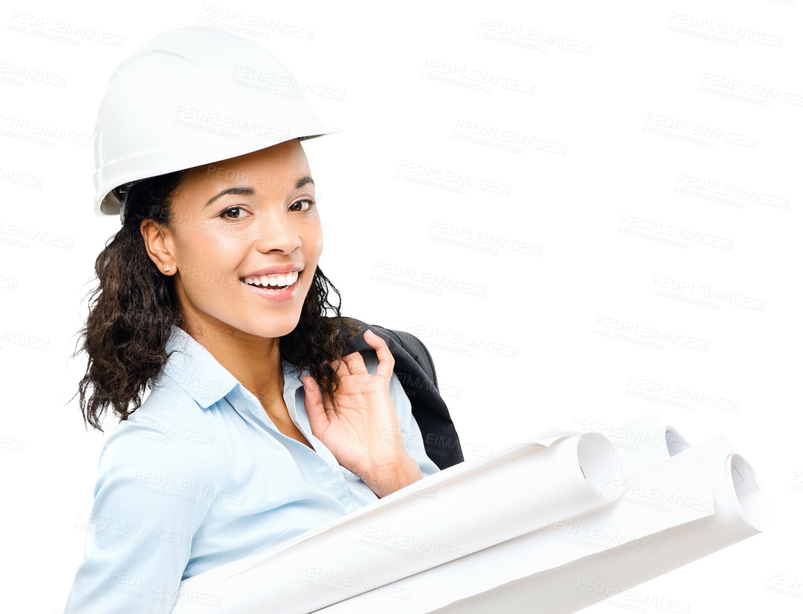 Buy stock photo Isolated woman, hard hat and architecture blueprint in portrait with design, planning and face by transparent png background. Happy female architect, real estate construction or property development