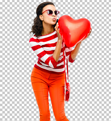 Buy stock photo Woman, kiss and heart balloon with fun fashion and trendy style with love. African female person, pout and isolated on a transparent, png background with clothing and stylish wear for valentines day
