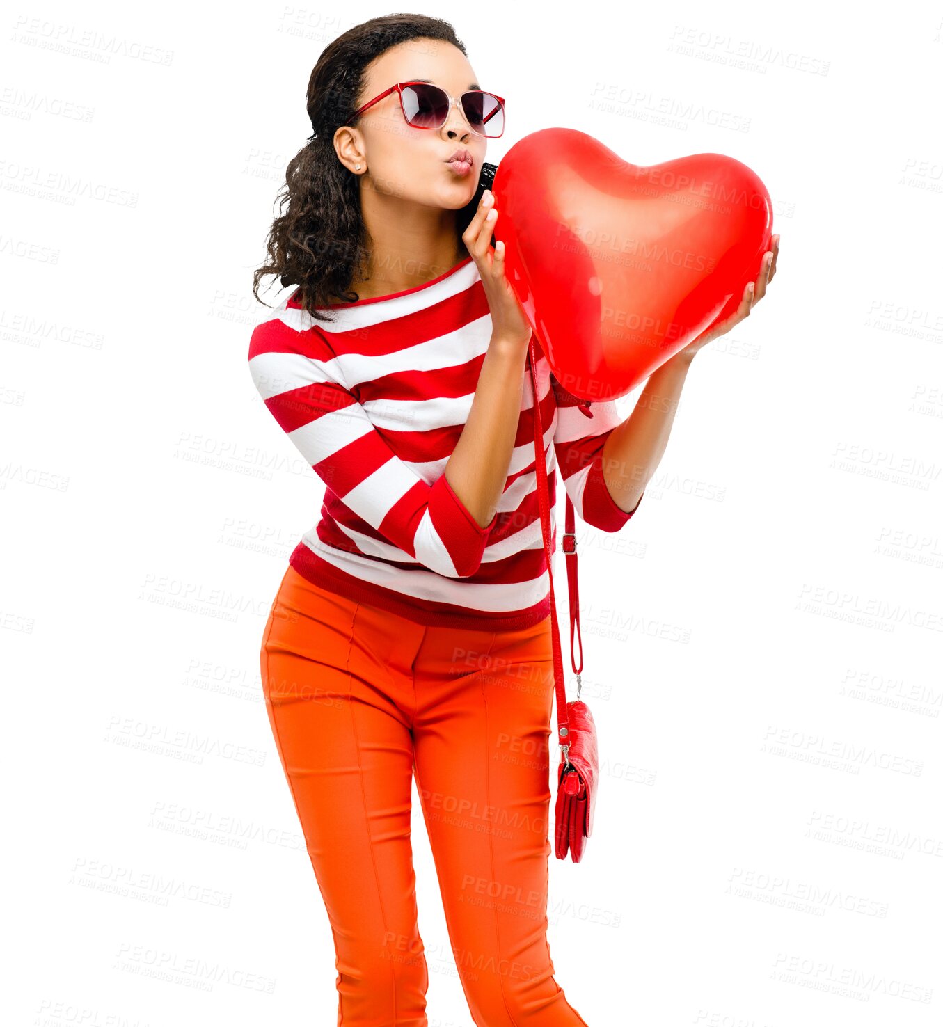 Buy stock photo Woman, kiss and heart balloon with fun fashion and trendy style with love. African female person, pout and isolated on a transparent, png background with clothing and stylish wear for valentines day
