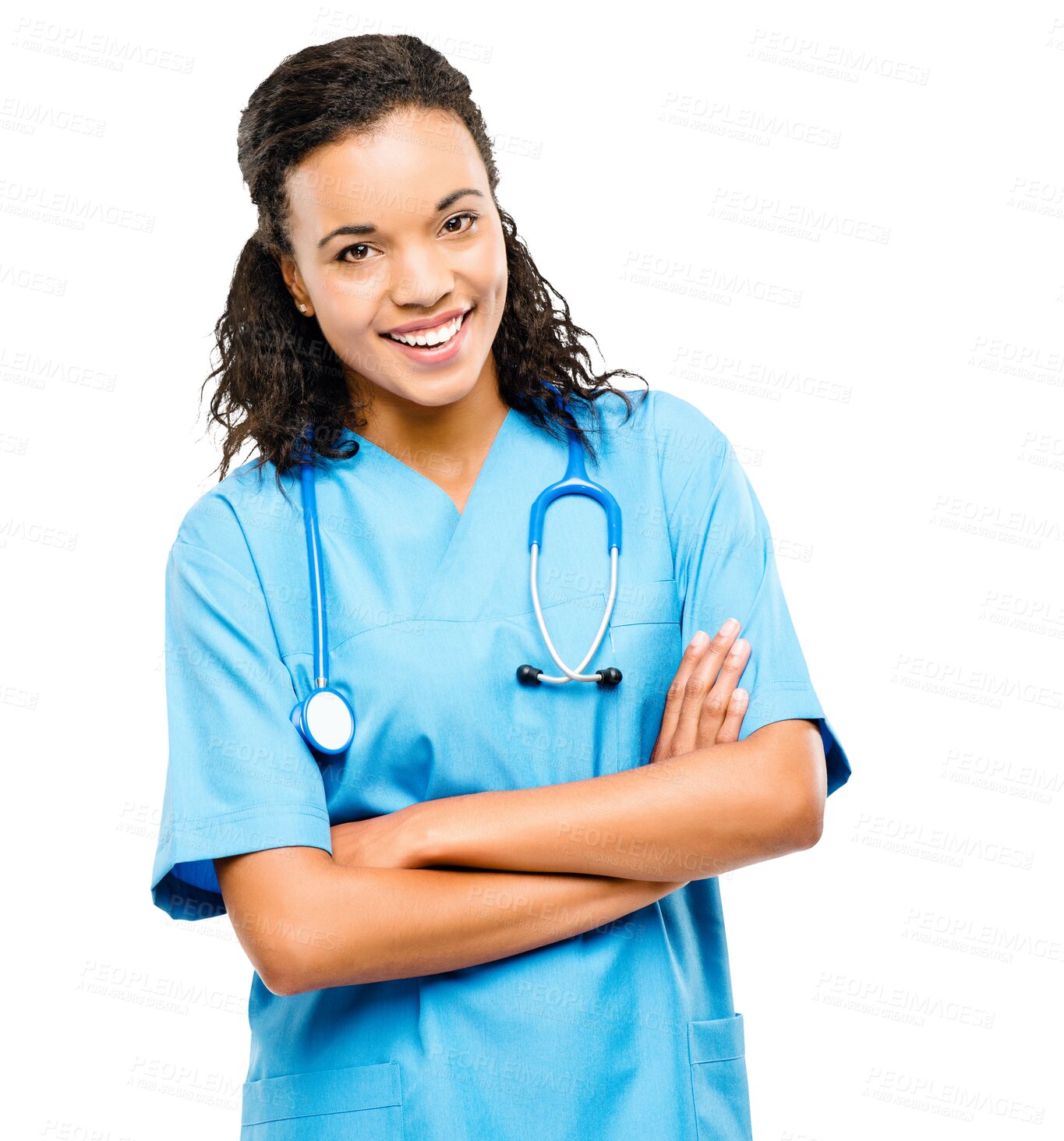 Buy stock photo Happy woman, doctor and portrait smile with arms crossed in healthcare isolated on a transparent PNG background. Female person, nurse or medical professional standing in confidence with stethoscope