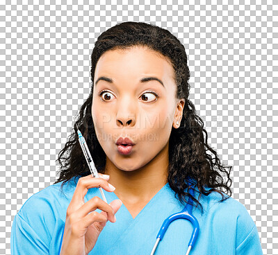 Buy stock photo Woman, injection and wow with dermatology, plastic surgery or syringe of professional. Surprised female person, nurse and isolated on a transparent, png background with healthcare, vaccine or shock
