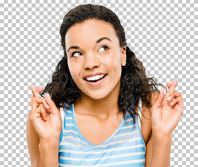 Buy stock photo Happy woman, thinking and fingers crossed for luck or hope isolated on a transparent PNG background. Female person, lady or model with smile and finger cross for lucky draw, prize or competition