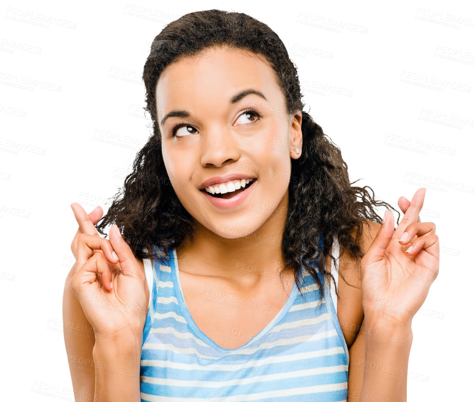 Buy stock photo Happy woman, thinking and fingers crossed for luck or hope isolated on a transparent PNG background. Female person, lady or model with smile and finger cross for lucky draw, prize or competition