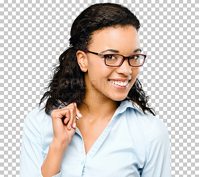 Buy stock photo Business woman, smile and lawyer portrait with work confidence isolated on a transparent, png background. Corporate, happy female person and law employee with glasses and professional style and pen
