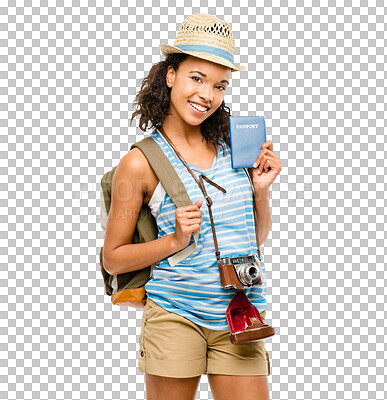 Buy stock photo Isolated girl, passport and portrait on holiday, travel or excited by transparent png background. Student woman, smile or document for international compliance, identity or immigration with backpack