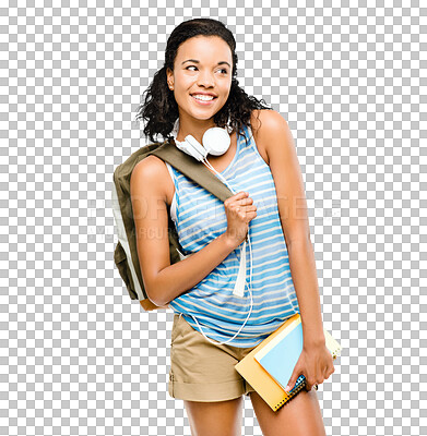 Buy stock photo Student, happy and portrait of woman with books on isolated, png and transparent background for school. University, college and happy female person with backpack for class, learning and education
