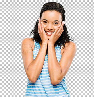 Buy stock photo Happy, woman and portrait with casual fashion and smile isolated on a transparent, png background. Shy female person touching face with style, confidence and modern clothing feeling cute with joy
