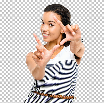 Buy stock photo Woman, portrait smile and hands in frame for photo isolated on transparent PNG background. Happy female person, lady or model with hand framing face for perfect picture, memory or capture photography