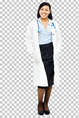 Buy stock photo Woman, doctor and portrait with a smile isolated on a transparent, png background. Happy, professional and lab worker with career confidence of a young female healthcare and hospital employee
