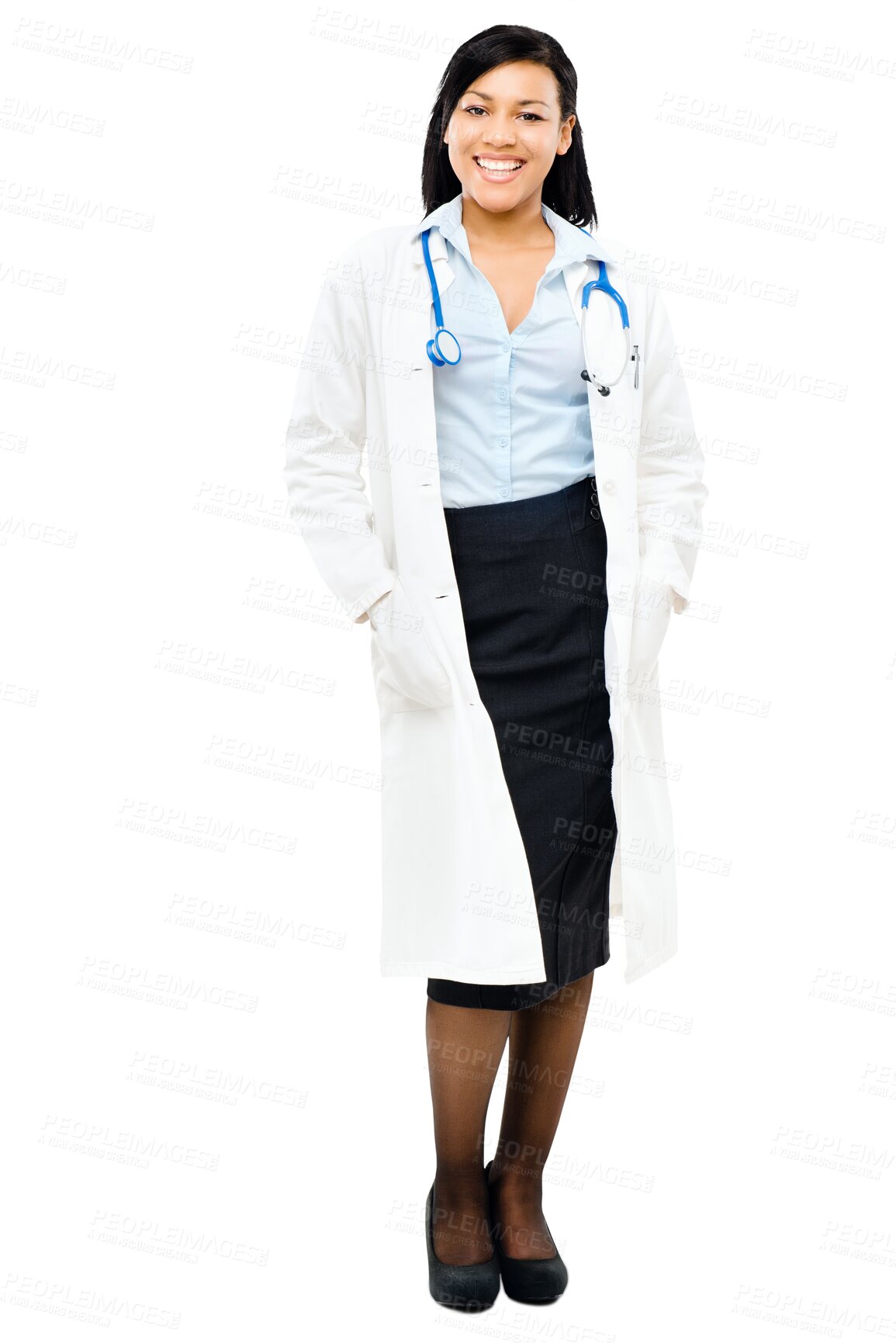 Buy stock photo Woman, doctor and portrait with a smile isolated on a transparent, png background. Happy, professional and lab worker with career confidence of a young female healthcare and hospital employee
