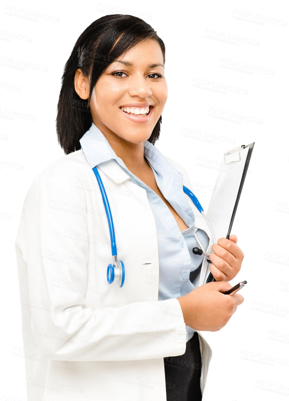Buy stock photo Healthcare, doctor and portrait of woman with clipboard on isolated, PNG and transparent background. Hospital, clinic and happy female health worker with forms for medical results, help and insurance
