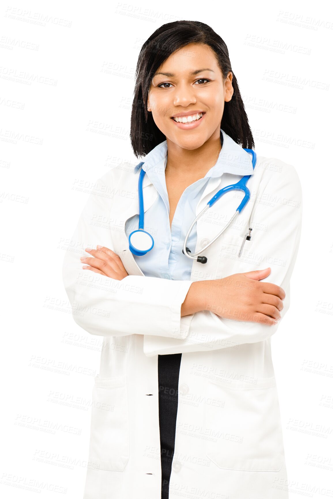 Buy stock photo Woman, doctor job and arms crossed portrait with a smile isolated on a transparent, png background. Happy, professional and lab worker with confidence of a young female healthcare and employee
