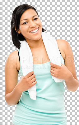 Buy stock photo Fitness, woman and portrait with smile and towel isolated on a transparent, png background. Happy, exercise and young female person with confidence after workout and sport training for health
