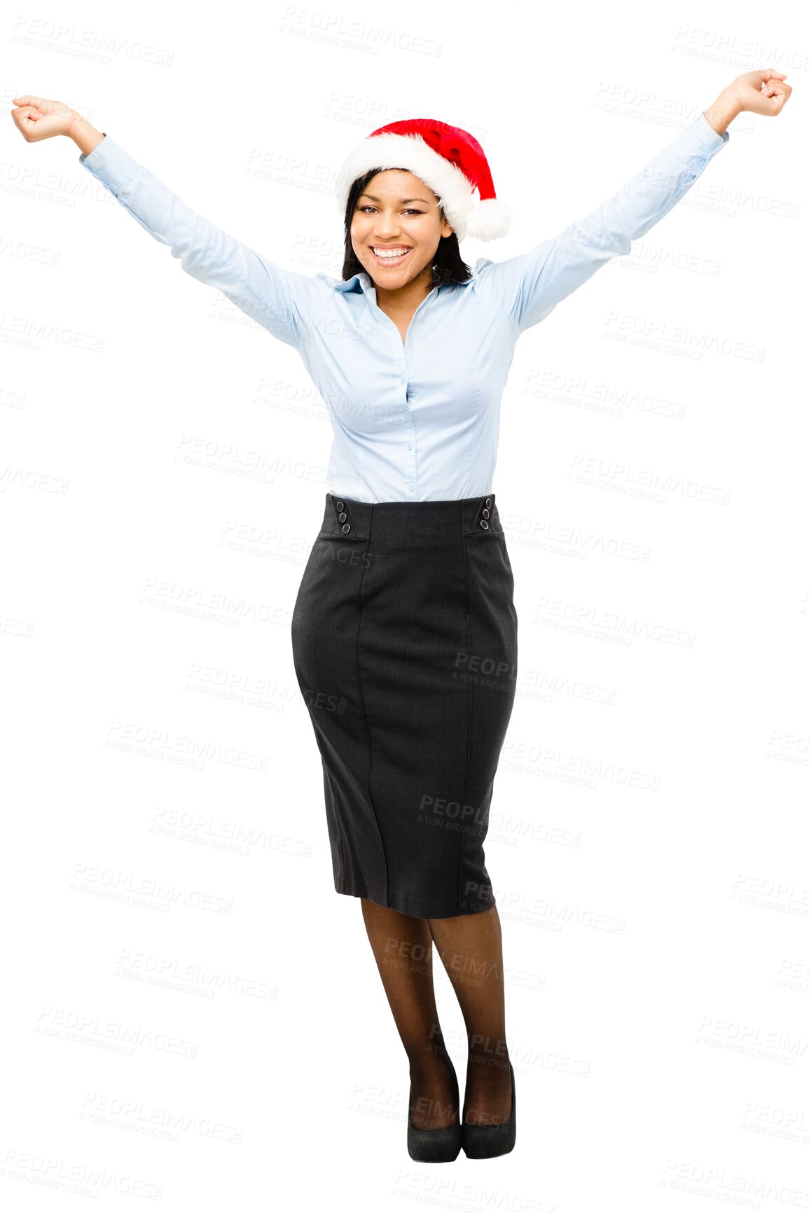 Buy stock photo Business woman, christmas celebration and portrait with party hat and a smile. Female employee, open arms and professional fashion for job with freedom isolated on a transparent, png background
