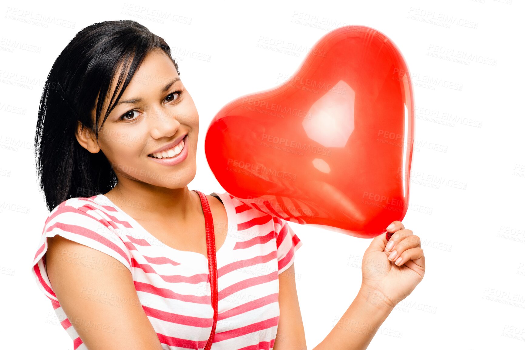 Buy stock photo Heart balloon, woman and portrait with love and valentines gift with a happy smile. Young female person, casual fashion and isolated on a transparent, png background with romantic and fun present
