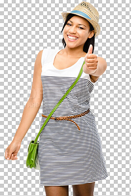 Buy stock photo Travel, thumbs up and woman portrait with casual fashion and thank you emoji hand sign. Yes, winner and success gesture isolated on a transparent, png background with young female tourist and smile