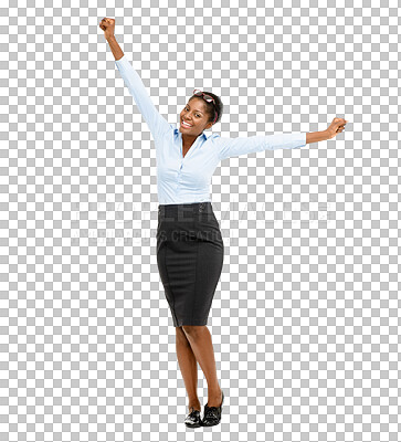 Buy stock photo Business, black woman and celebration of success in portrait with a smile. Happy female employee, yes and fist for cheers isolated on a transparent png background for winning, motivation and victory