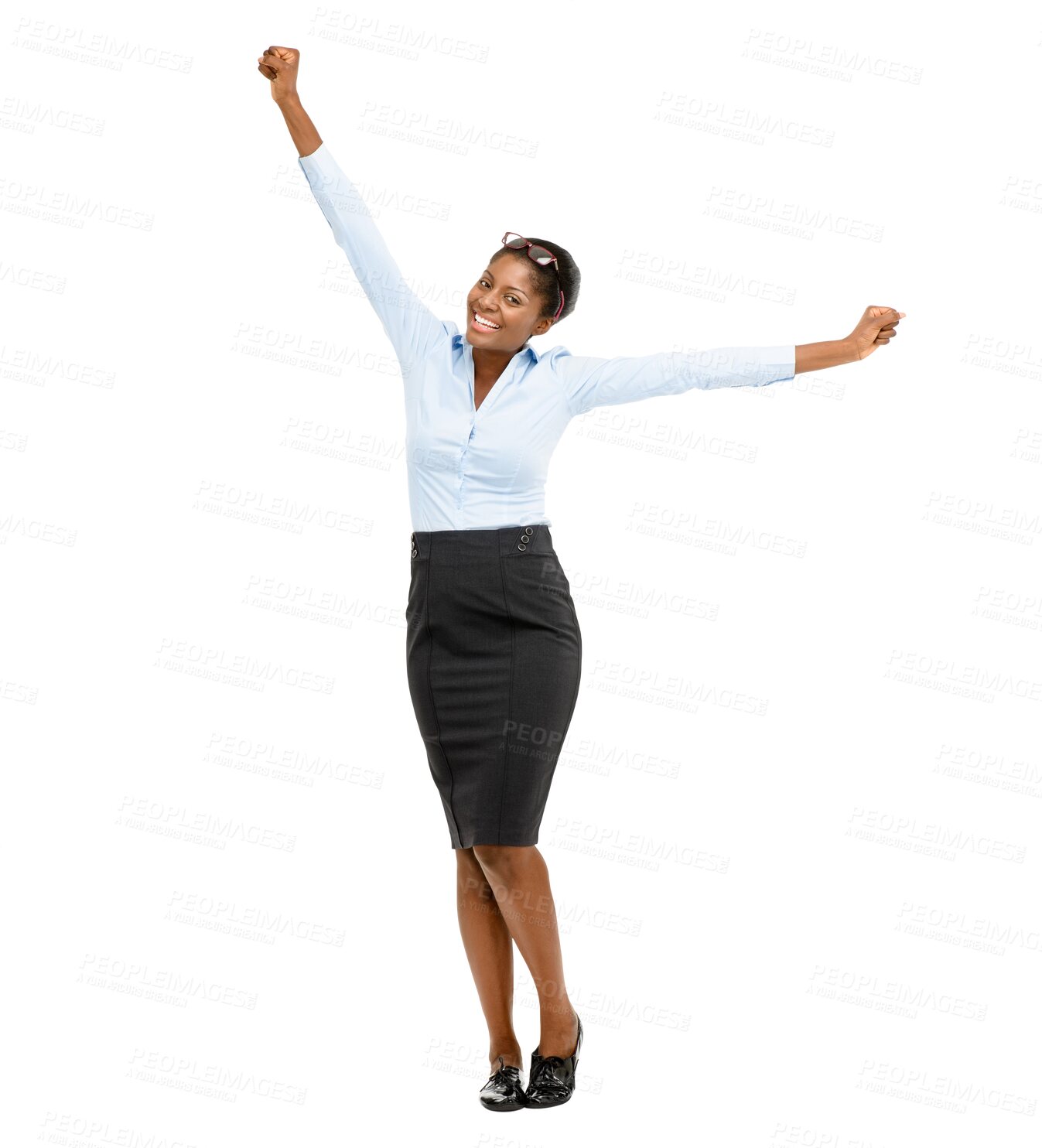 Buy stock photo Business, black woman and celebration of success in portrait with a smile. Happy female employee, yes and fist for cheers isolated on a transparent png background for winning, motivation and victory