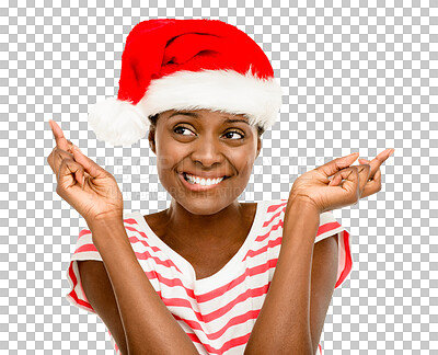 Buy stock photo Isolated African woman, fingers crossed and Christmas hat with wish, thinking and transparent png background. Girl, cross finger and excited with ideas for gift, present and happy with xmas fashion