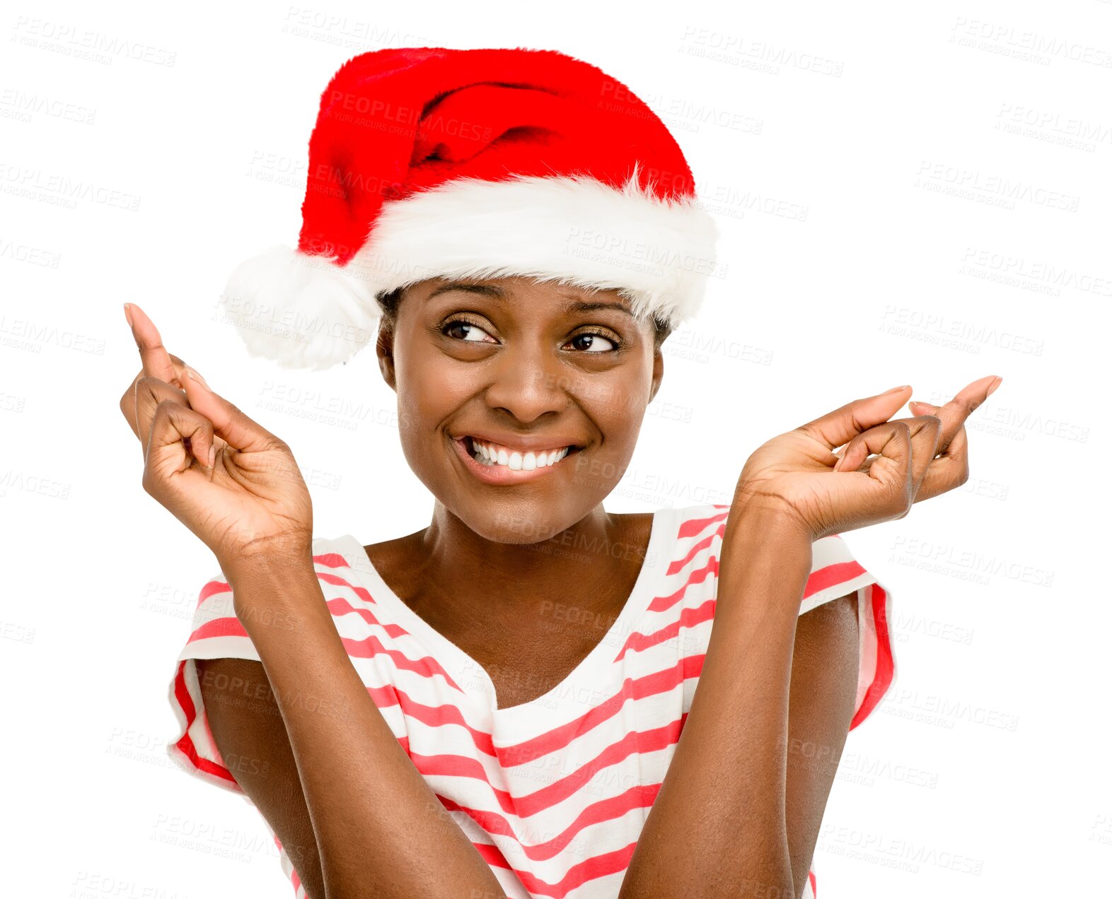 Buy stock photo Isolated African woman, fingers crossed and Christmas hat with wish, thinking and transparent png background. Girl, cross finger and excited with ideas for gift, present and happy with xmas fashion