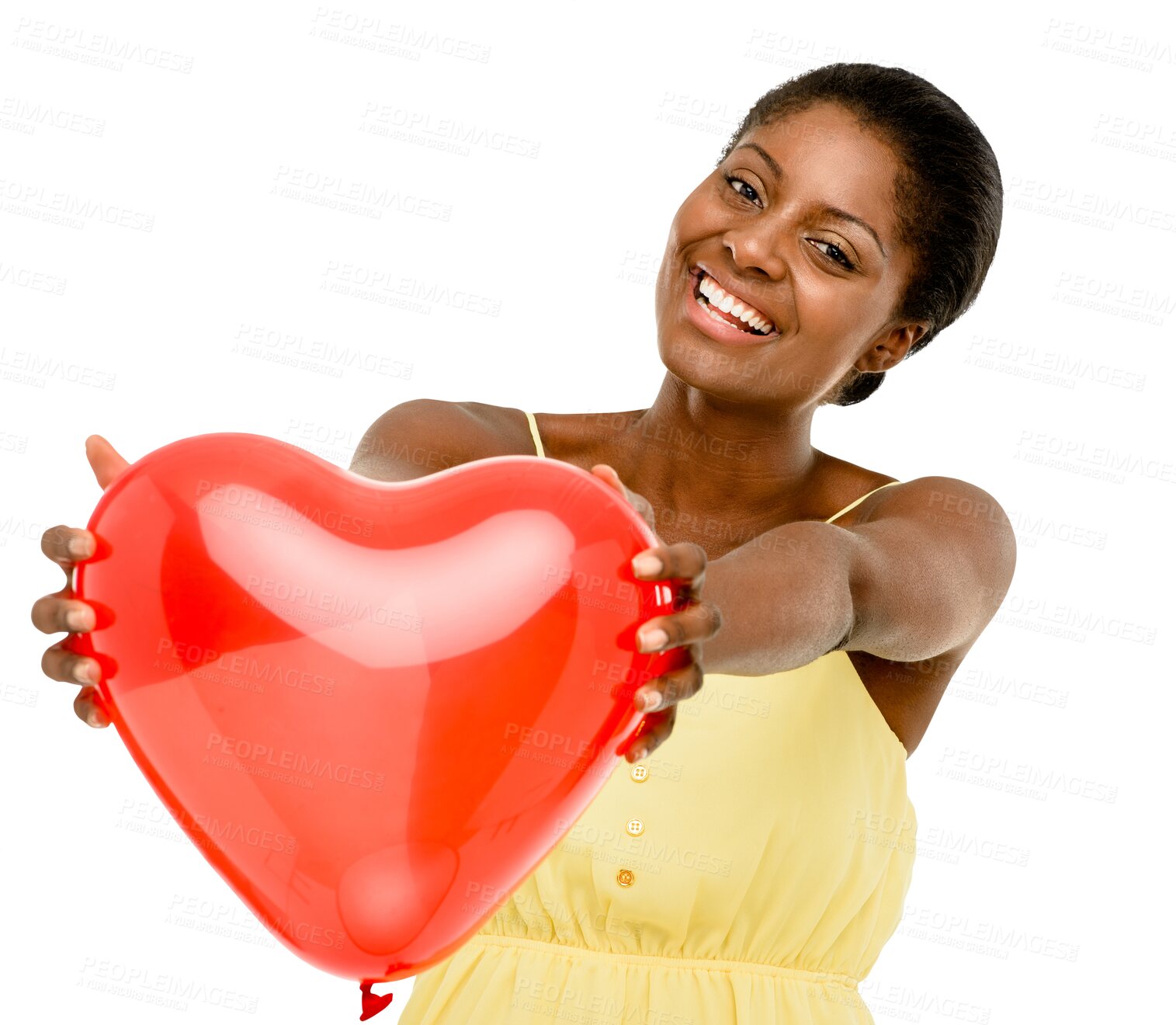 Buy stock photo Happy black woman, portrait and heart balloon for love standing isolated on a transparent PNG background. African female person, lady or model holding emoticon for loving emoji, shape or care symbol