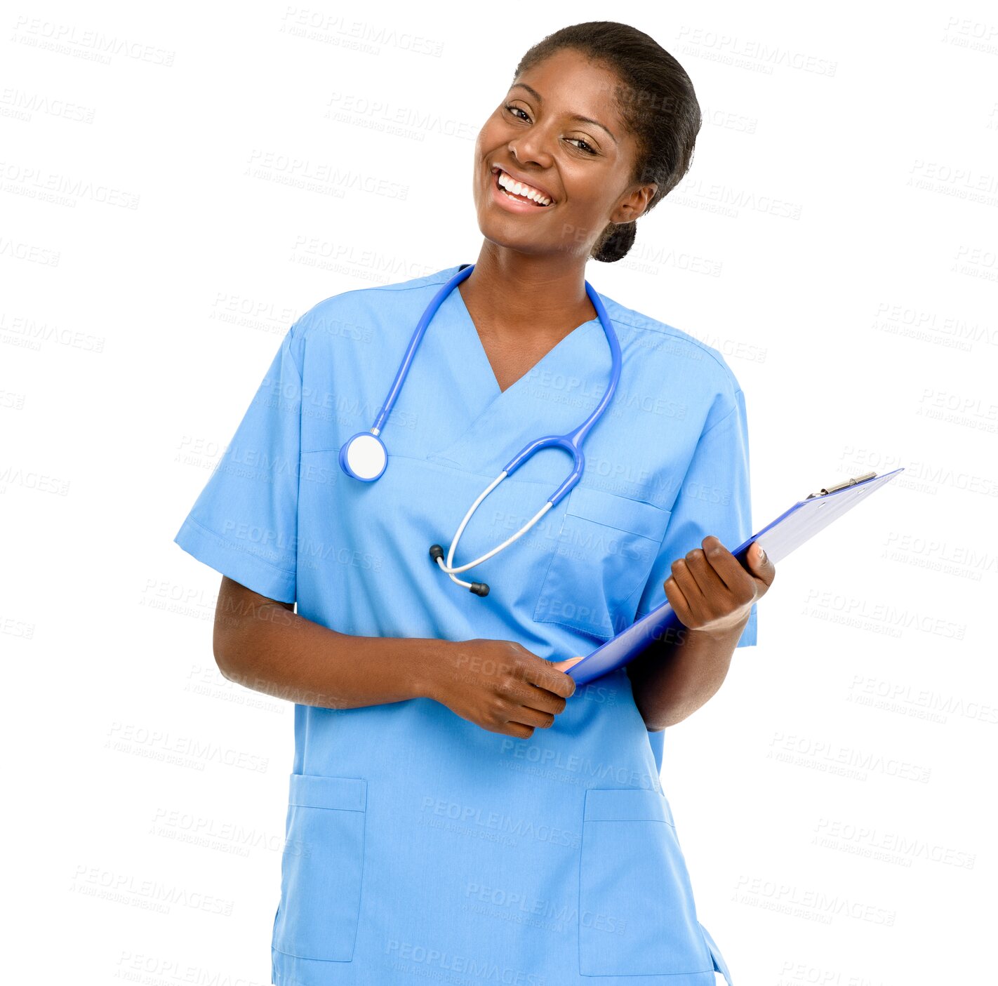 Buy stock photo Isolated African woman, nursing and checklist with smile, pride and wellness by transparent png background. Medic, doctor or student nurse with happiness, clipboard and portrait for healthcare job