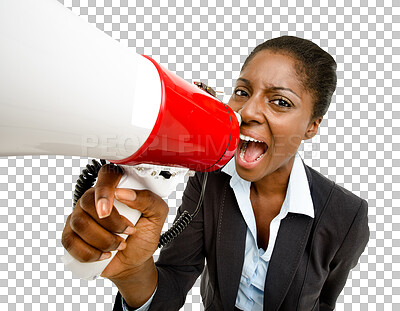 Buy stock photo Isolated african business woman, megaphone or shout in promo portrait, speech or vote by transparent png background. Angry businesswoman, bullhorn and speaker for communication, news or announcement