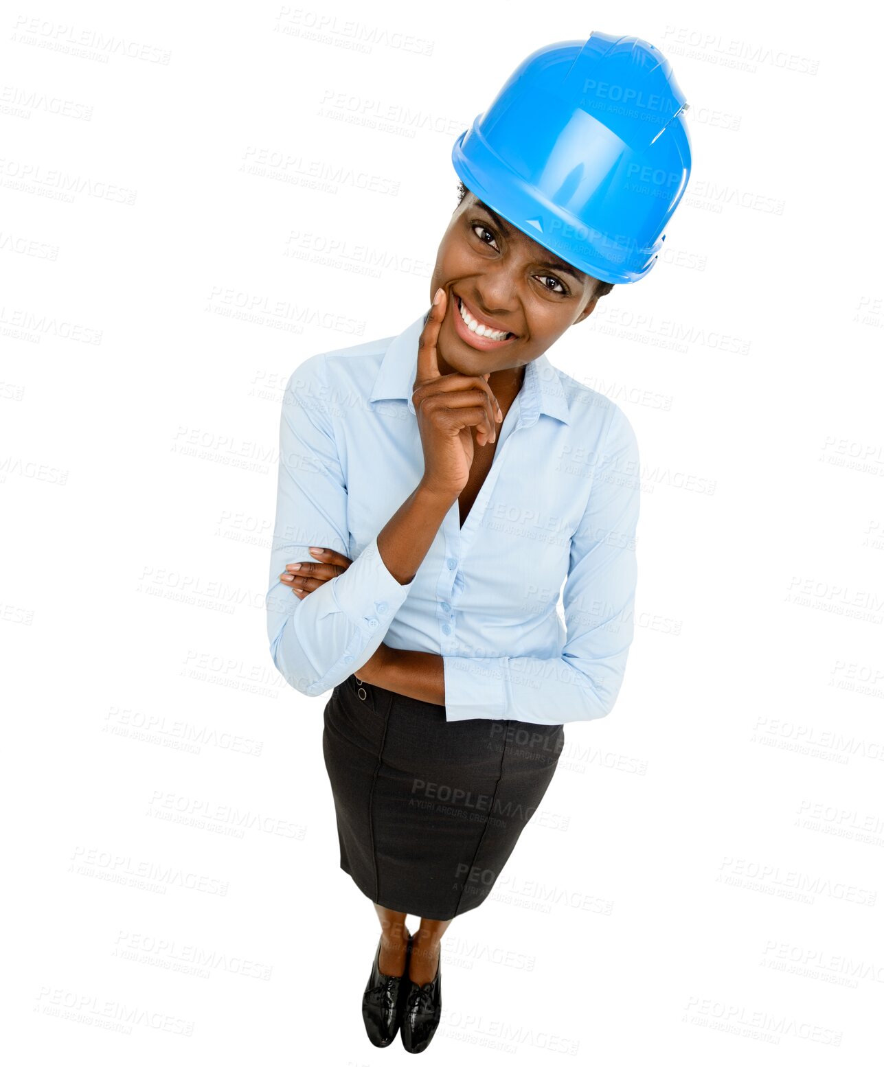 Buy stock photo Isolated black woman, architect and helmet in portrait with smile by transparent png background. African construction site manager, contractor or real estate development expert with happiness for job