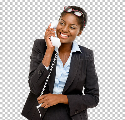 Buy stock photo Isolated african woman, retro telephone call or smile for contact, chat or transparent png background. Happy businesswoman, black crm or receptionist with listening, advice or consulting at help desk