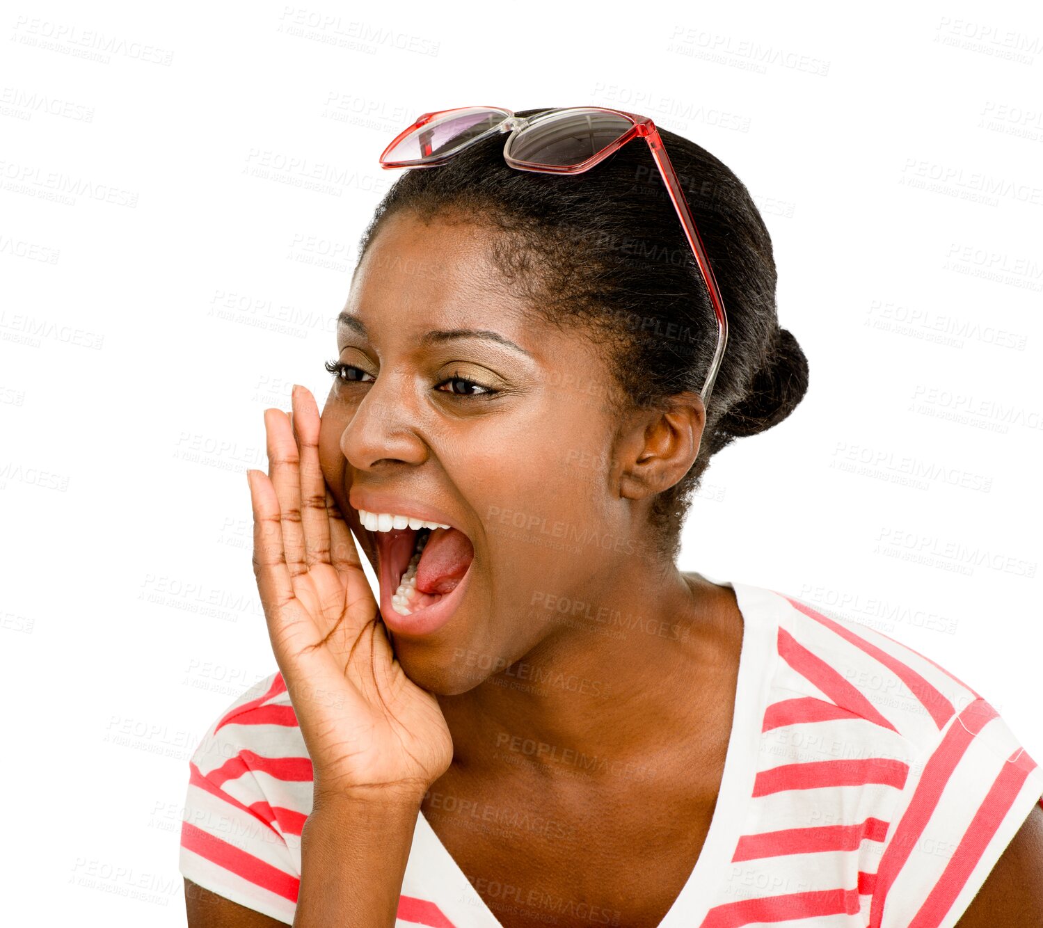 Buy stock photo Woman, yelling and noise with isolated on a transparent, png background with hello. Shouting, African female person and youth with hand and call to mouth for attention and loud announcement
