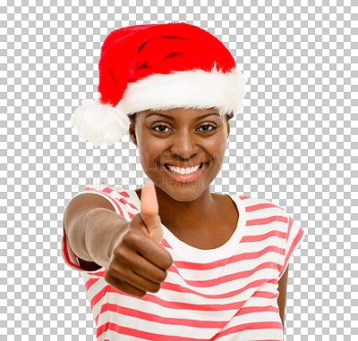 Buy stock photo Isolated African girl, thumbs up and Christmas hat with yes, choice and review by transparent png background. Black woman, hand sign or excited with icon, emoji or happy for opinion with xmas fashion