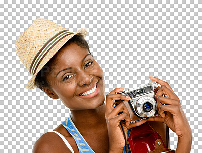 Buy stock photo Isolated black woman, photographer and camera in portrait for memory by transparent png background. African tourist girl, retro photography tech and student for shooting, lens or creativity on travel