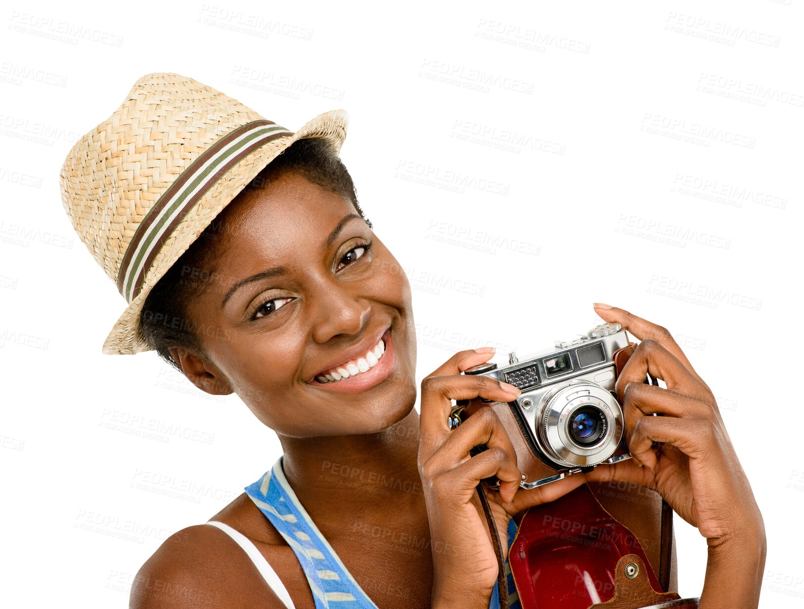 Buy stock photo Isolated black woman, photographer and camera in portrait for memory by transparent png background. African tourist girl, retro photography tech and student for shooting, lens or creativity on travel