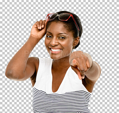 Buy stock photo Black woman in portrait, happy and pointing at you, motivation and choice isolated on transparent png background. Female model decision, accountability and choosing, hand gesture and opportunity