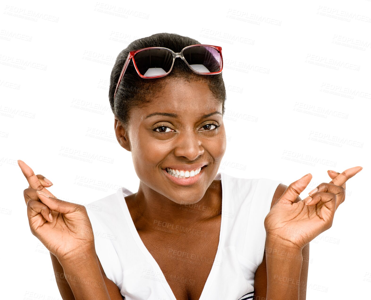 Buy stock photo Black woman in portrait, fingers crossed with hope and wish isolated on transparent png background. Female model with hand gesture, wait for good luck and emoji, miracle with praying and opportunity