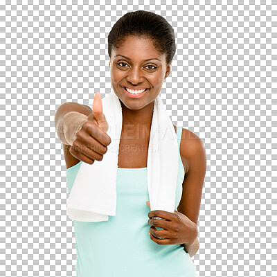 Buy stock photo Fitness, black woman and thumbs up with portrait, towel and smile from workout success. Female person, face and isolated on transparent png background with emoji gesture for healthy progress goals