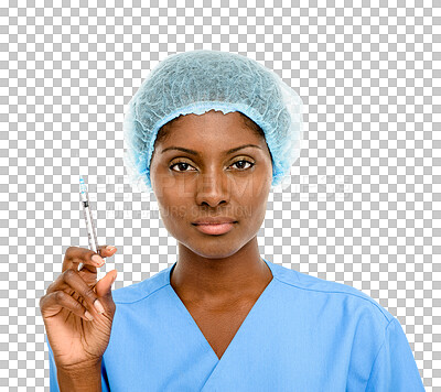 Buy stock photo Isolated african woman, doctor and syringe in portrait for dermatology by transparent png background. Medic, nurse and needle for cosmetics, plastic surgery and filler injection at aesthetic clinic