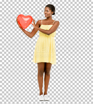 Buy stock photo Emoji, heart and balloon with a black woman on valentines day isolated on a transparent background. Love, gift and romance with an attractive young female person holding a social media shape on PNG