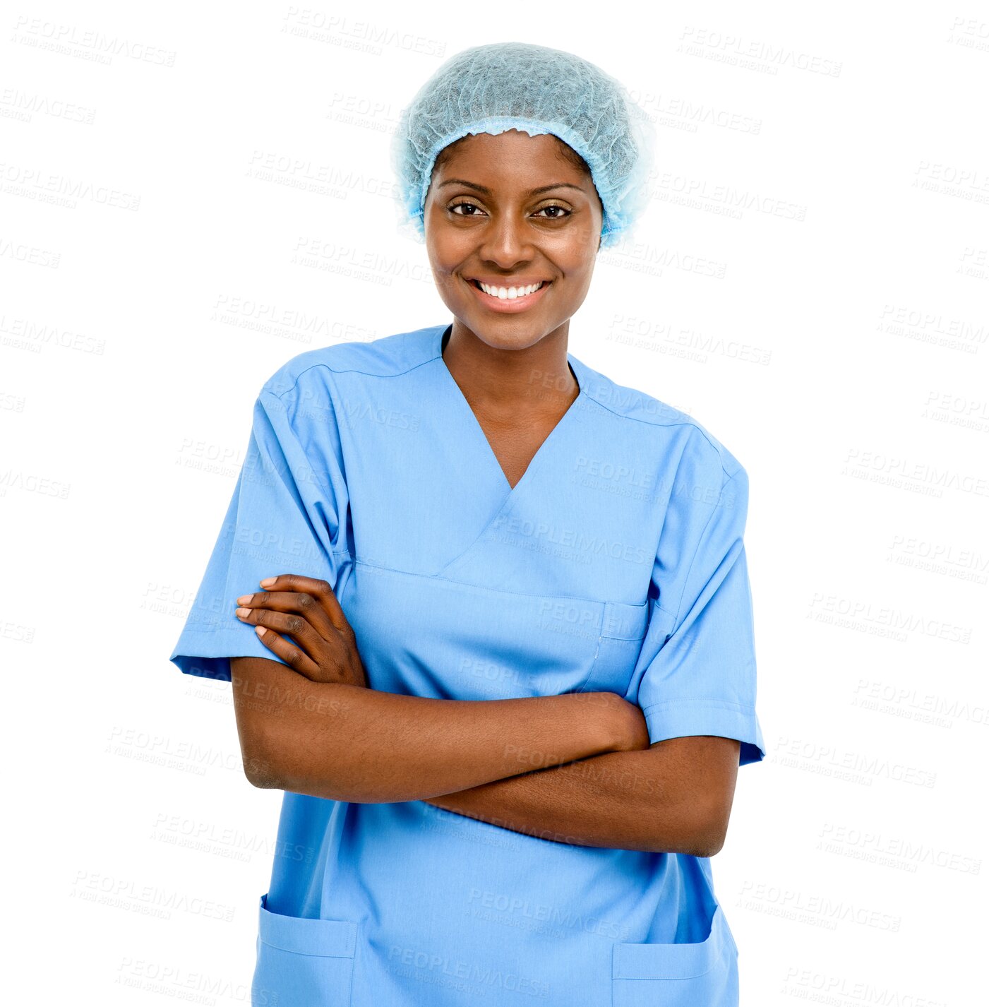 Buy stock photo Isolated african woman, nurse and arms crossed in portrait, smile and health job by transparent png background. Female doctor, young medic and scrubs for ppe, safety and healthcare at wellness clinic