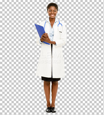 Buy stock photo Isolated black woman, medic and clipboard in portrait, pride and wellness by transparent png background. Happy African doctor, health expert and nurse with checklist, smile and healthcare info at job