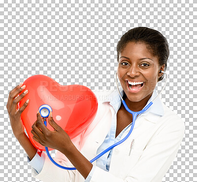 Buy stock photo Isolated doctor, heart balloon and African woman with stethoscope in portrait by transparent png background. Excited nurse, medic and cardiology test for healthcare, wellness and care at hospital job