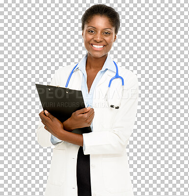 Buy stock photo Isolated black woman, medic and clipboard with smile, pride and wellness by transparent png background. Doctor, health expert and nurse with happiness, checklist and portrait for healthcare job