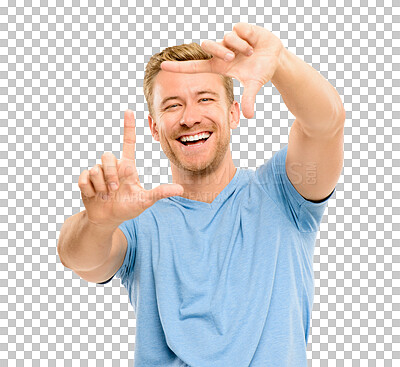 Buy stock photo Hand frame, portrait and man with a smile isolated on a transparent, png background. Happy, male person and emoji gesture for picture with casual fashion and style while posing with framing sign
