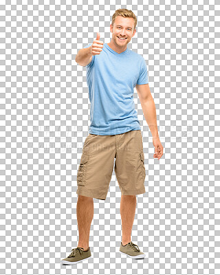 Buy stock photo Thumbs up, smile and portrait of a man with agreement, like or satisfaction hand gesture. Happy male model, approval and emoji sign for success, yes and ok isolated on a transparent png background.