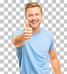 PNG of a handsome young man standing alone in the studio and showing a thumbs up