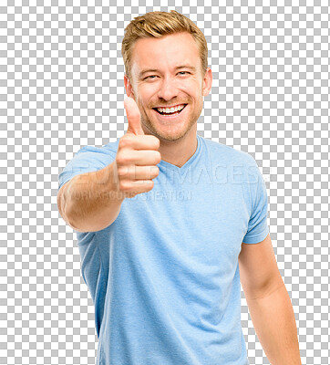 Buy stock photo Success, thumbs up and portrait of a man with a smile for winning with a satisfaction hand gesture. Happy, excited and young male model with an approval sign isolated by a transparent png background.