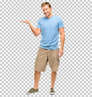 Buy stock photo Marketing, open palm and portrait of a man showing product placement for advertising. Happy full body of a male model, presentation and option hand sign isolated on a transparent png background.